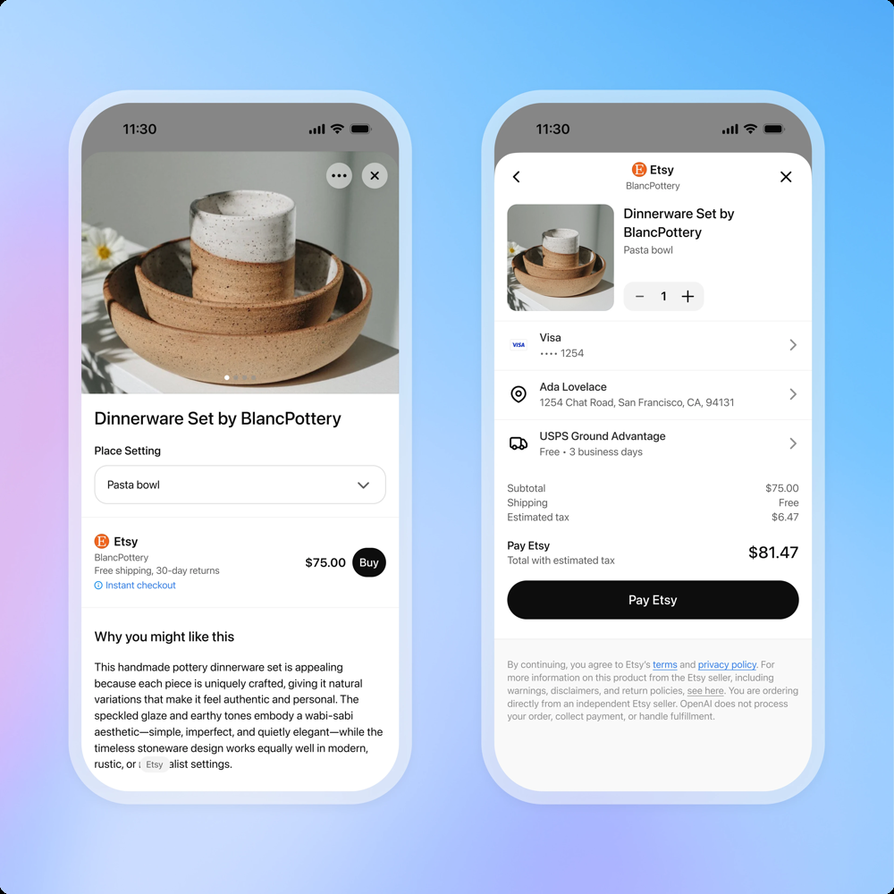 Two phone screens: an Etsy dinnerware set with a Buy button, and the in-chat checkout confirmation