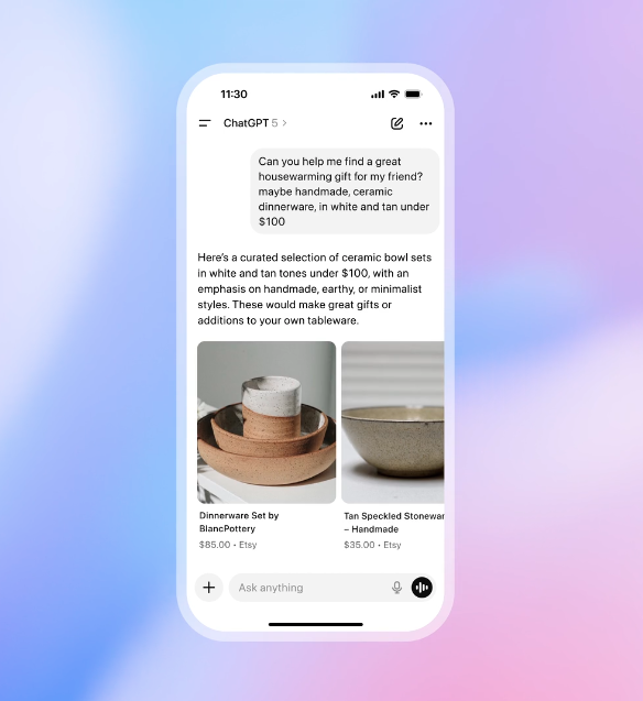 ChatGPT on a phone answering a request for a housewarming gift with two ceramic dinnerware products