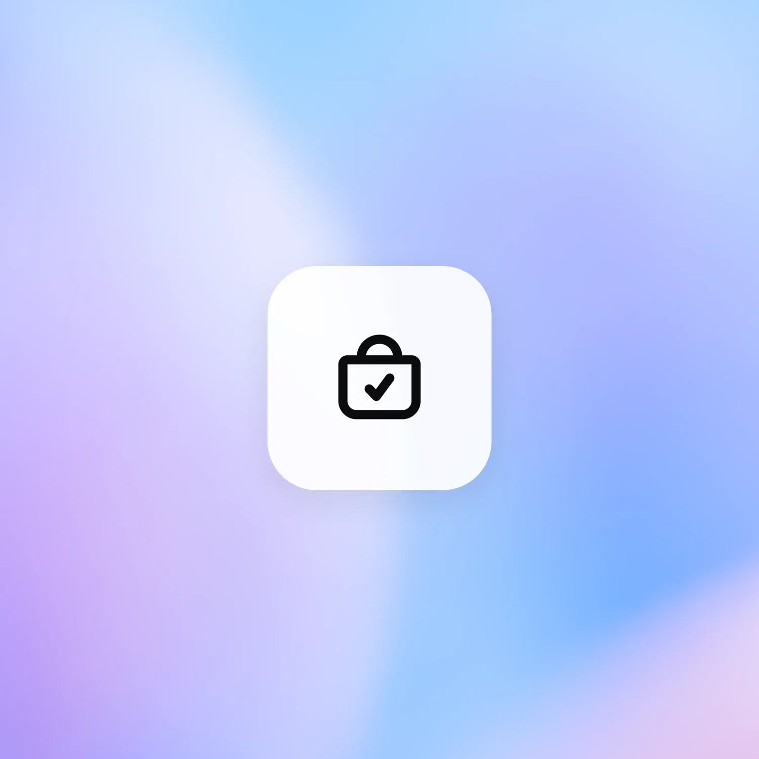 A shopping bag icon with a tick on a soft blue and pink background