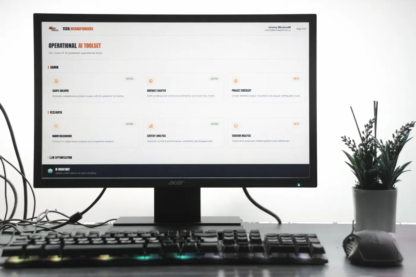 A monitor showing the We Are Pioneers operational AI toolset