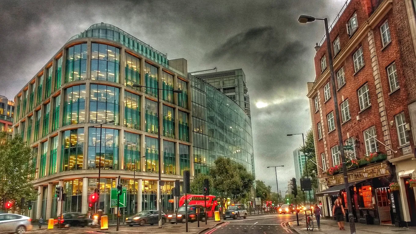 A glass office building on Euston Road, London