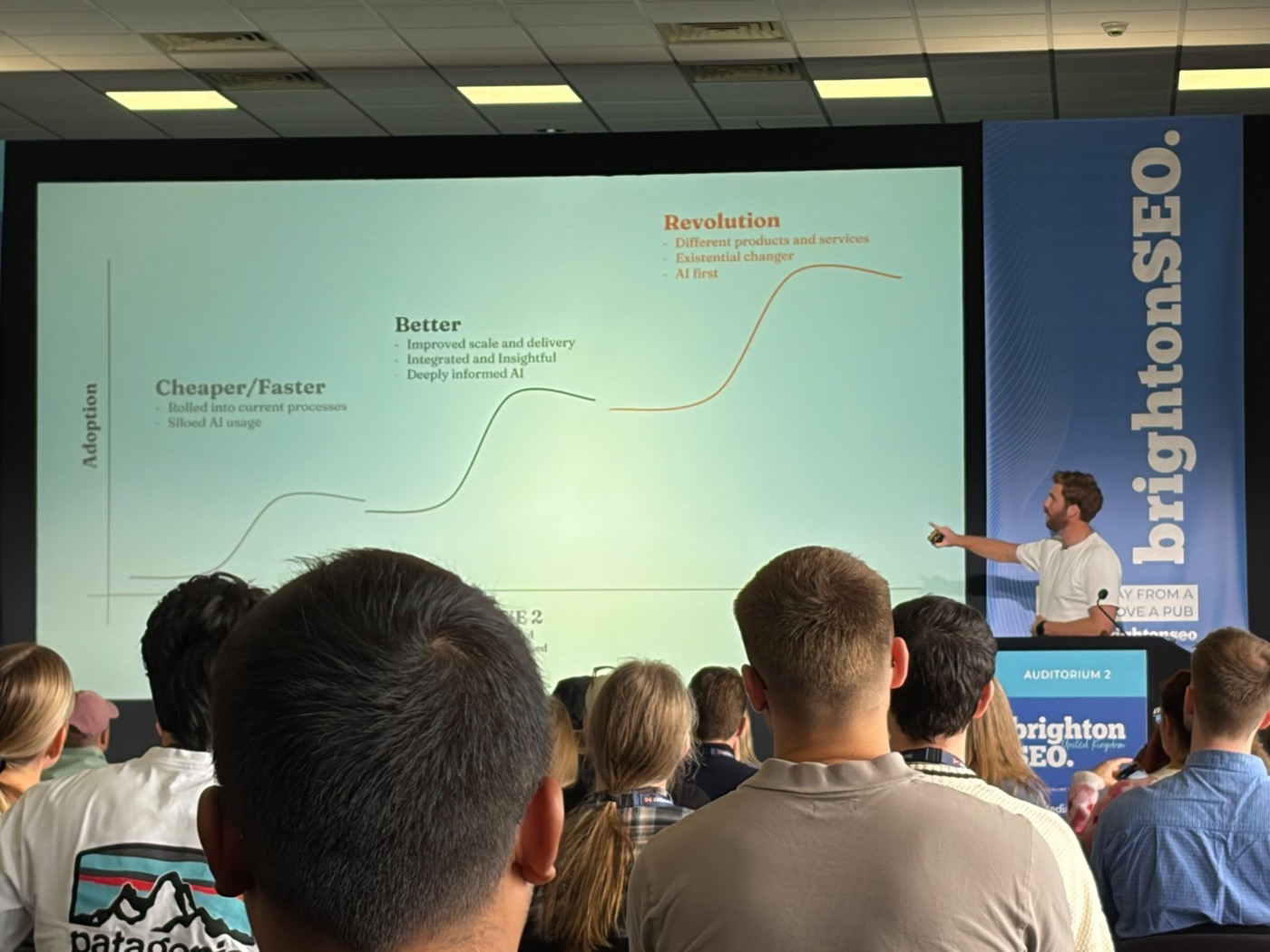 Jeremy McDonald presenting the AI adoption curve on stage at brightonSEO